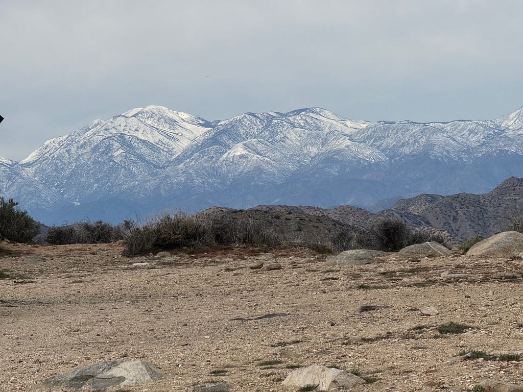 pano snow mountains dirt Joshua Tree National Park