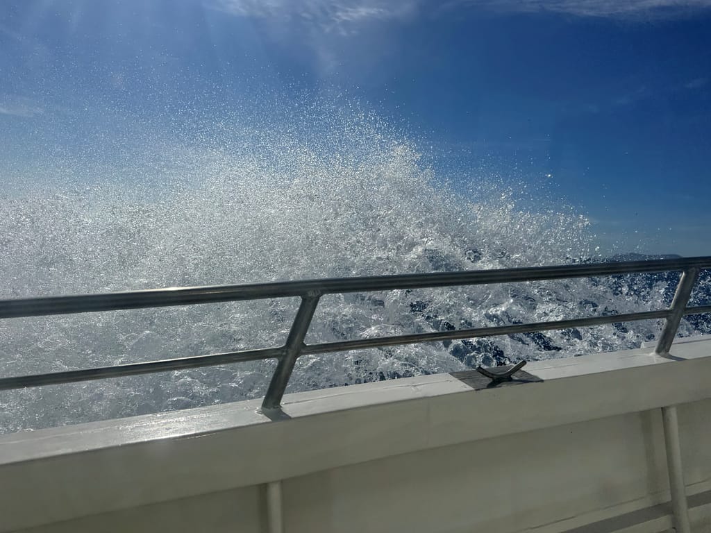 Ocean water, salty spray, travel to Santa Cruz Channel Island National Park Waves coming overboard