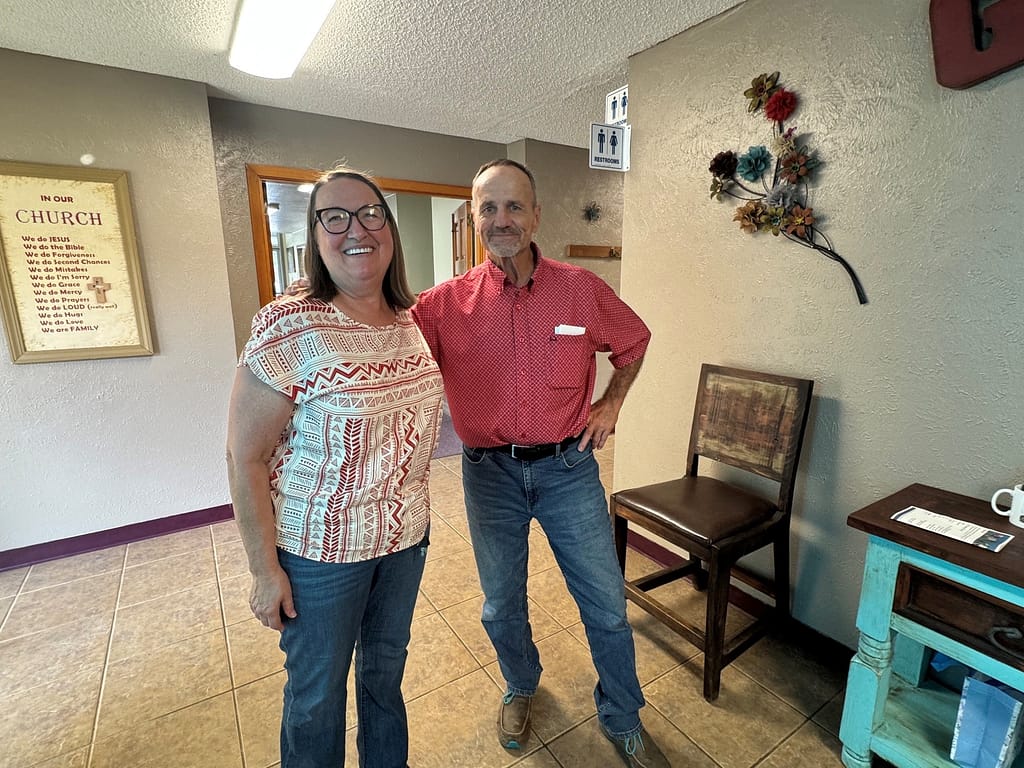 DeEtte and Lonnie, Sunday morning greeters at FBC Gordonville, TX