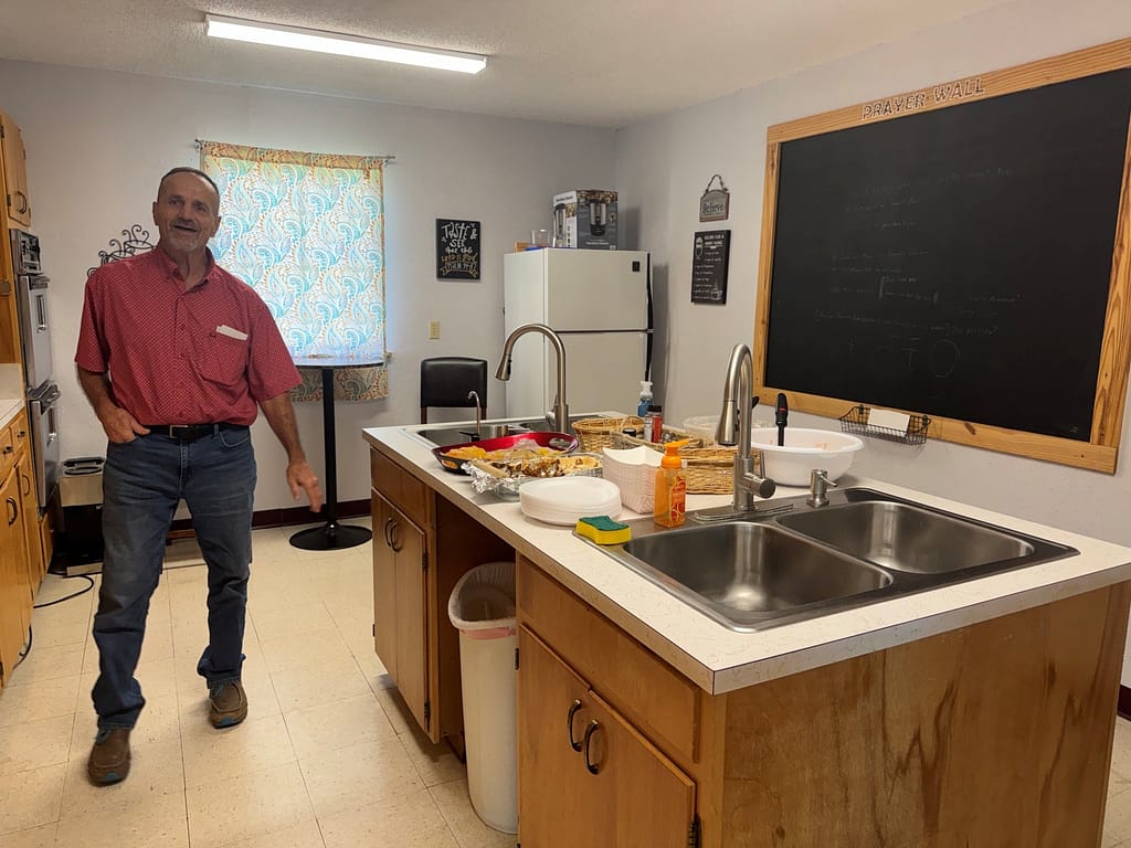 Lonnie at the breakfast bar in the church at FBC Gordonville, TX