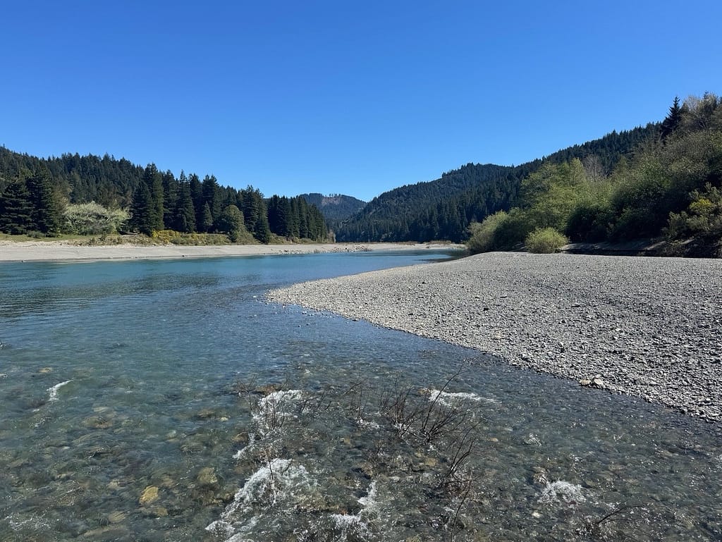 Eel River near Avenue of the Giants”, Eel River with rocks on side