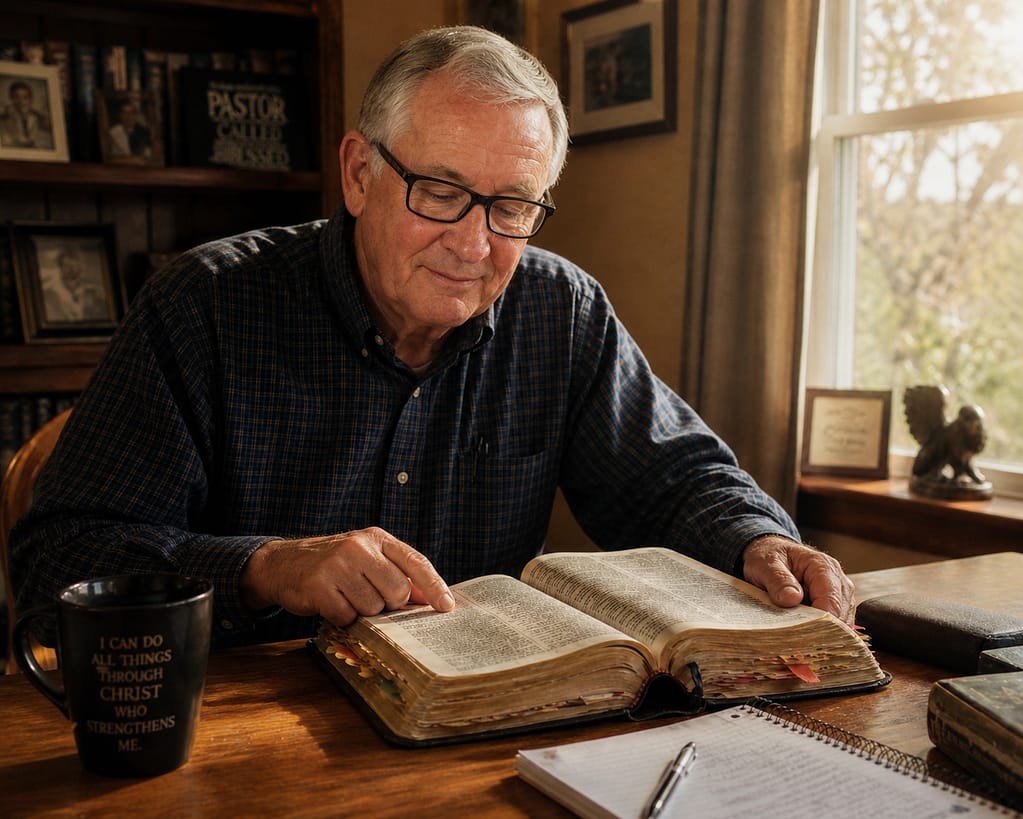 Father reading Bible at kitchen table – tribute to my dad