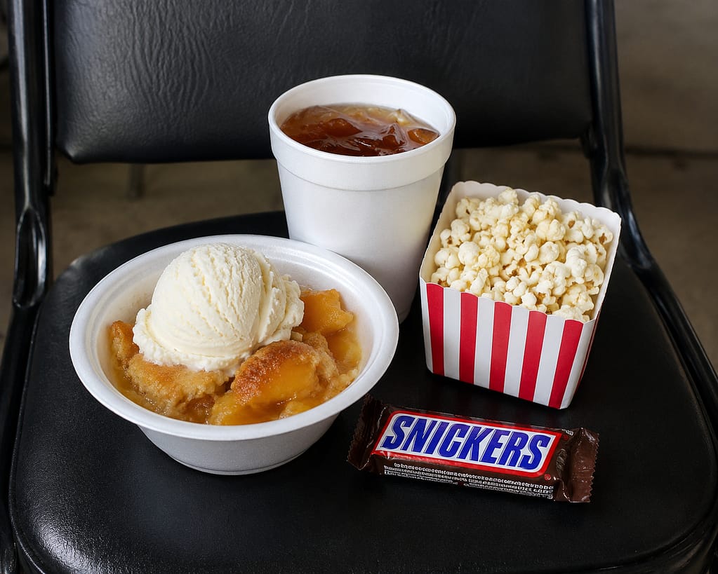 Snacks, peach cobbler, popcorn, tea and snickers while watching the movie