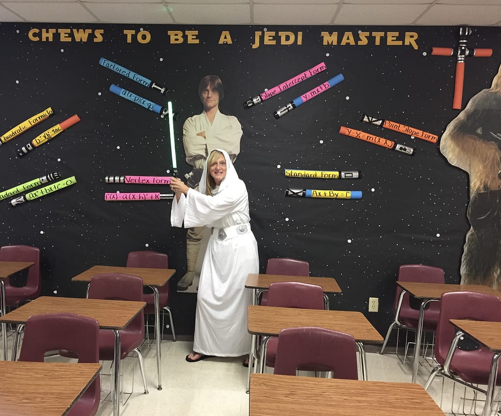 School classroom, Star Wars decorations, Teacher dressed like Princess Lea