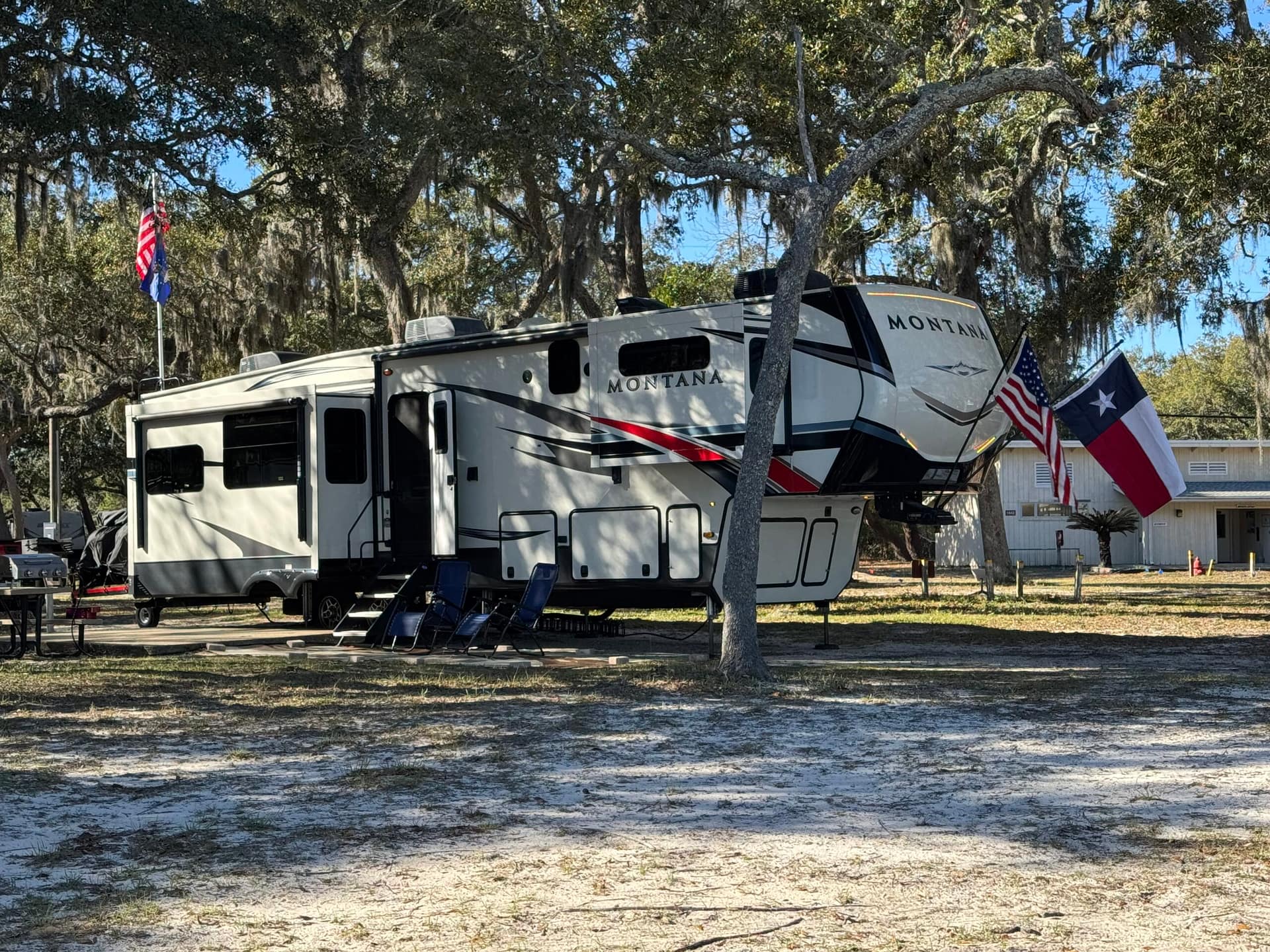 Sand, Camper, trees with moss, Eglin Air Force Base, Florida