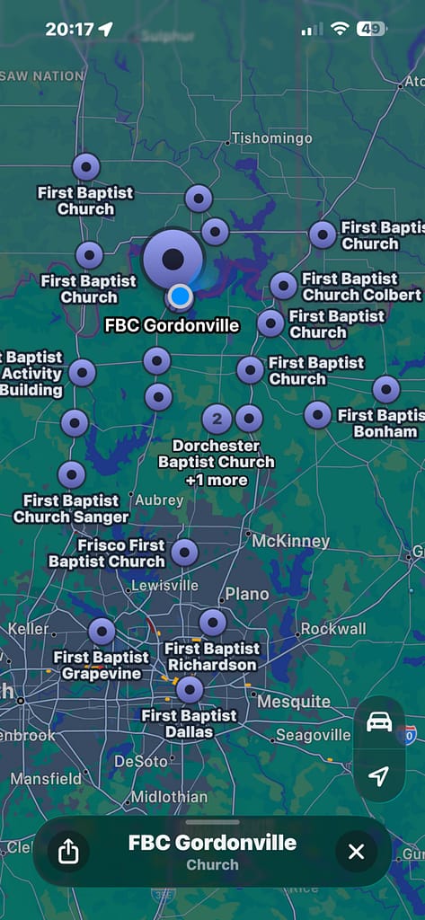 Map of area near Gordonville TX showing Baptist Churches in the area